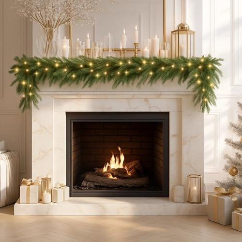 1.8M/6FT Christmas Garland with Lights, Real Touch Norfolk Pine Garland for Fireplace Stairs Green Artificial Faux Cedar Garland with 50 LED Lights for Mantle Door Indoor Xmas Holiday Decor