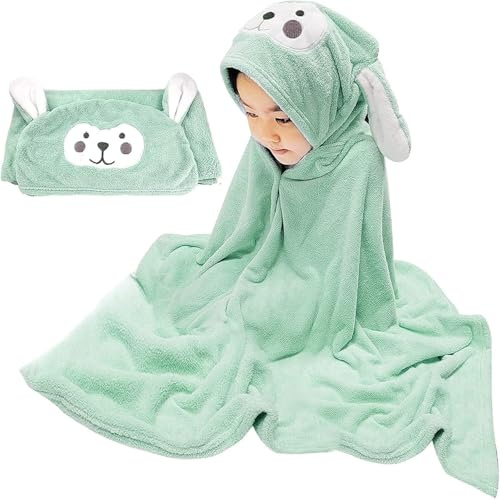 Kinmsito Babyhandtuch mit Kapuze, Kapuzenhandtuch Baby Super Saugfähig, Kinder Badetuch, 71 x 140 cm, Grün