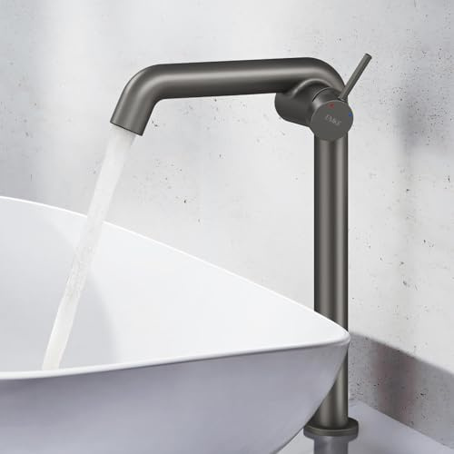 EMKE Waschtischarmatur Anthrazit Matt, Wasserhahn Bad mit Luftsprudler, Badarmatur mit DVGW Zertifiziert, wassersparend Design Armatur, Mischbatterie Waschbecken-Armatur einfache Installation,332MM