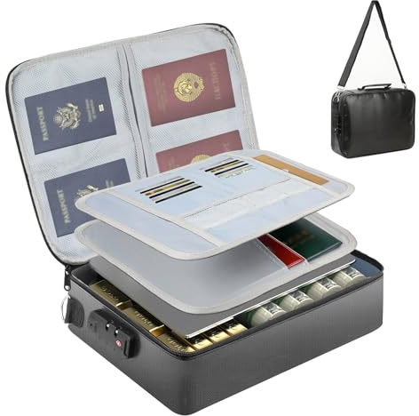GEEKHOM Feuerfeste Dokumententasche 1000°C Feuerfest Dokumentenbox Mit Schloss & Taschengurt - Wasserdicht Groß Tragbare Dokumentenkoffer Für Zuhause Büro Reisen Auto Safe Tresor (36.5x27x11cm)