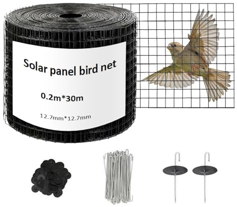 30M x 20CM Protección Antipájaros para Paneles Solares con 60 Clips de Fijación, Malla de Acero Recubierta de PVC Negro 1,27 x 1,27 cm, Rejilla Metálica para Panel Solar, Gallinero y Cercados