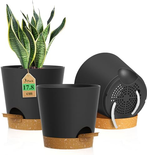 WSMKSZ 17.8 cm Self Watering Plant Pots Indoor Outdoor, 3 Pack Flower Pots | 7 inch Thick Plastic Medium Planters with Drainage Holes & Removable Reservoir, Cotton Wick, for House Plants, Black Brown