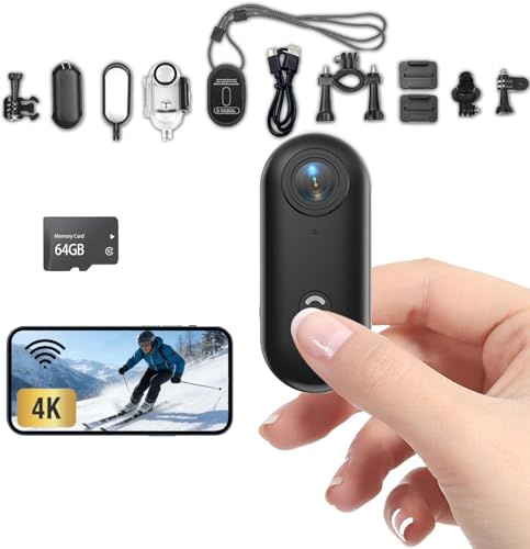 Mini Camera Action WIFI 4K Moto Caméra 360 Degrés Clip Rotatif Sous-Marine, Micro Caméra Sport POV 170° Étanche Fixation Magnétique, 64 Go, Action Cam pour Moto, Plongée, Randonnée, Animaux, Vlog, ski