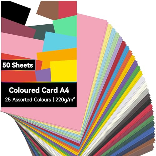 Liyerfer 50 Blatt Tonpapier A4 Bunt in 25 Farben, 220 g/m² Tonzeichenpapier A4, Buntes Papier, Bastelpapier Bunt, Tonkarton, Farbiges Papier für Origami und Bastelprojekte