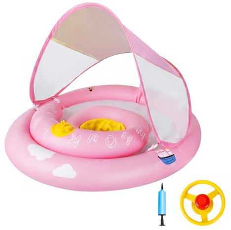 MYCARBON Flotador Bebe para 6 a 30 Meses con Asiento Ajustable Flotador Bebe con Sombrilla UPF50+ con Dos Airbags Bomba de Aire para Niños de 7 a 14 kg