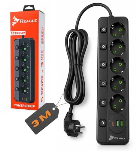 Reagle Steckdosenleiste mit 5-Fach 230V, 3 USB - 2X USB 1X USB-C, Mehrfachsteckdose mit Save Energy-Schalter, 2500W zum Stromsparen für Home Office mit Überspannungsschutz 3M