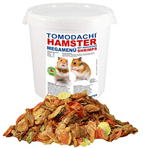 Tomodachi Hamsterfutter, Alleinfutter Hamster mit tierischen Eiweißen - Shrimps, Erbsenflocken, Möhrenflocken, Kräutern, Getreide, Sonnenblumenkernen und Nüssen, Hamster MegaMenü 2kg Eimer