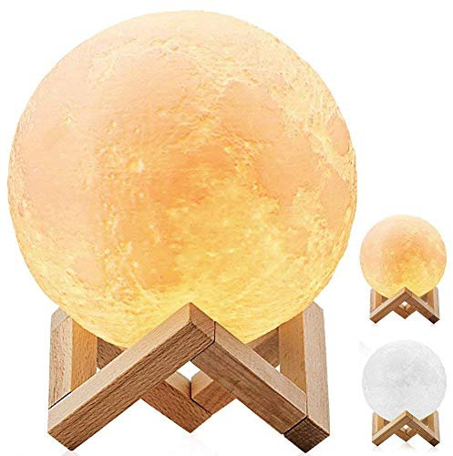DESABF Lampe de sol à LED en forme de lune 3D avec variateur d’intensité, contrôle tactile, charge USB, lumière blanche chaude et socle Diamètre de 8 cm