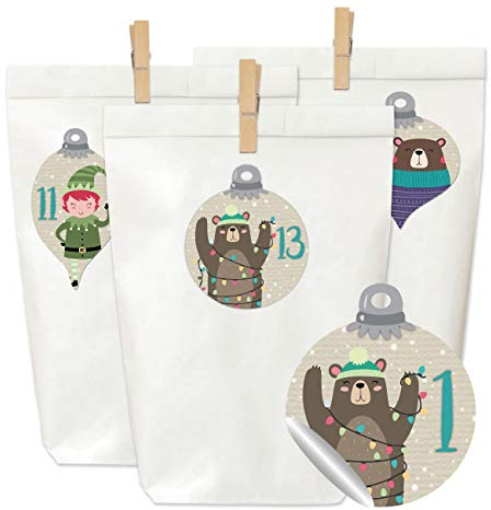 Papierdrachen Adventskalender zum Befüllen und Basteln - 24 weiße Papiertüten, 24 Zahlenaufkleber und 24 Holzklammern - Motiv Weihnachtskugeln mit Tieren für Kinder und Erwachsene - Set Nummer 58