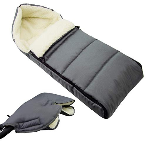 BAMBINIWELT KOMBI-ANGEBOT Muff + vinterväska 108 cm – av lammull för barnvagn, buggy, hjulberlock – ylle – LINIERT Mörkgrå