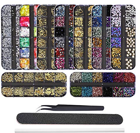 EBANKU 9 Boxen Nagel Art Strassstein Glitter Strass, Nagel Kristalle Rückseite Edelsteine Dekoration, mit Pinzette, Picking Pen und Nagelfeile