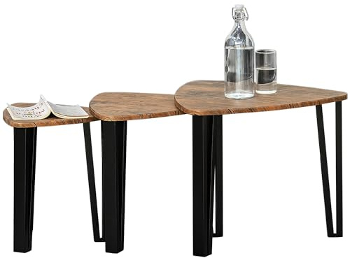 HOMCOM 3er Set Couchtisch, Stapeltisch, Beistelltisch, Kaffeetisch, Satztisch, MDF, Natur+Schwarz, 56 x 54,2 x 45,5 cm/42 x 43,8 x 43 cm/36 x 34 x 41 cm
