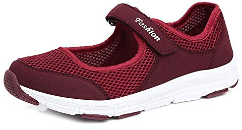 ERLINGO Dam bekväma arbetssjuksköterska skor halkfria justerbara andningsbara slip-on promenader sneaker vardaglig omvårdnad ortopediska lätta skor, Vinrött, 40 EU