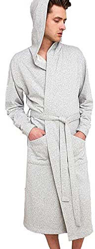 HOLOVE Mens Cotton Hooded Robes Soft Lightweight Dressing Gowns,and Handy Pockets Plus-size Spa Bathrobe (Light Gary 2XL/3XL)