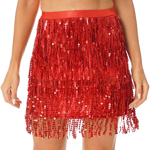 inlzdz Damen Fransenrock mit Pailletten Hüfttuch Bauchtanz Kostüm Latein Tanz Rock Quaste Rock Wickelrock Minirock für Party Halloween Weihnachten Karnevals Rot L