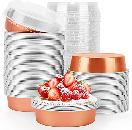 Beasea Mini moldes para tartas, 8 onzas, paquete de 100 unidades, molde de aluminio de oro rosa para tartas, moldes redondos para hornear, 4 pulgadas