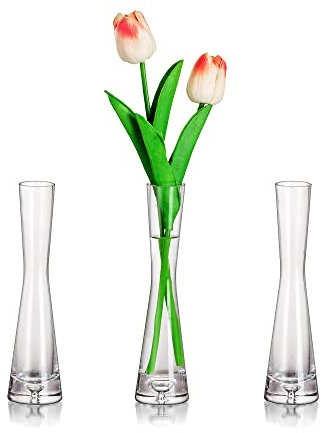 Glasseam Blumenvase Modern Glasvasen Schmal: 3er 20cm Hoch Blomus Vase Glas Set Handmade Schmale Vasen Tischdeko Wohnzimmer Esstisch Tulpenvase Dekovase für Pampasgras Tulpen Rose Hochzeit Deko