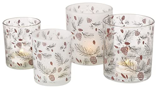 MamboCat 4tlg Set Windlicht Pino I klar & matt mit Zweigen & Tannenzapfen I H8,5cm & H10cm I Teelichthalter aus Glas I Tisch-Deko, Herbst & Winter I Kerzenhalter für Wohnzimmer, Küche, Esstisch & Co