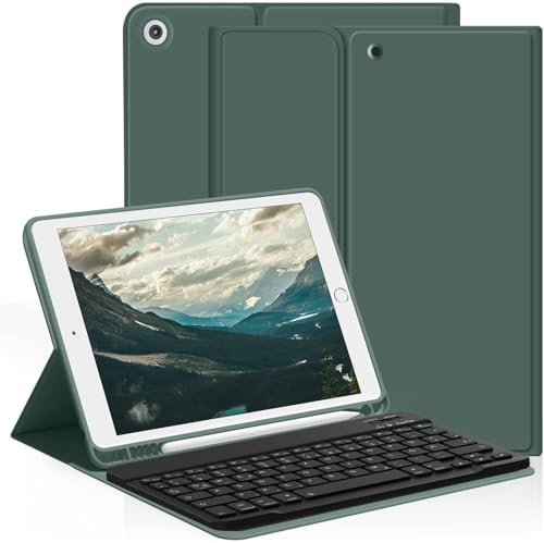 aoub Tastatur Hülle für iPad 9./8./7. Generation 10,2 Zoll 2021/2020/2019 | Kabellose QWERTZ Tastatur Hülle mit Stifthalter für iPad 10,2 9/8/7 Gen, Magnetisch Abnehmbarer Tastatur, Dunkelgrün