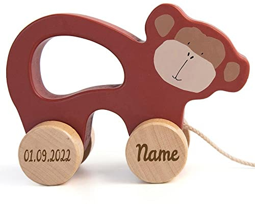 Trixie Nachziehtier Holz PERSONALISIERT mit Name und Datum graviert Motorikspielzeug Schiebetier AFFE