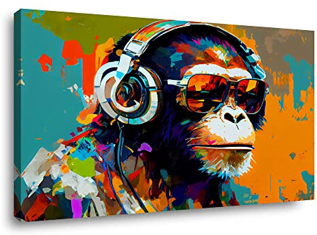 Visario Leinwandbild Affe mit Kopfhörer 80x60 cm 4042 - Lustiges Tiermotiv auf Leinwand mit Holzrahmen - Wandbild Musik DJ Monkey Pop Art Style für Wohnzimmer Büro Bar Schlafzimmer Wanddeko Kunstdruck