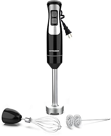 Immersion Blender Handheld, OUTRONSM Hand Blender with 4-point thickened SS blades, Milk Frother, Egg Whisk for Coffee Milk Foam, Puree Baby Food, Smoothies, Sauces and Soups – Black
