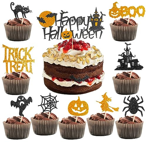 HOWAF 21 Stück Halloween Tortendeko, Halloween Cake Topper Halloween Cupcake Topper Halloween Kuchen Deko Muffin Deko Fledermaus Spinne Kürbis Halloween Picks Halloween Cupcake Deko für Halloween Deko