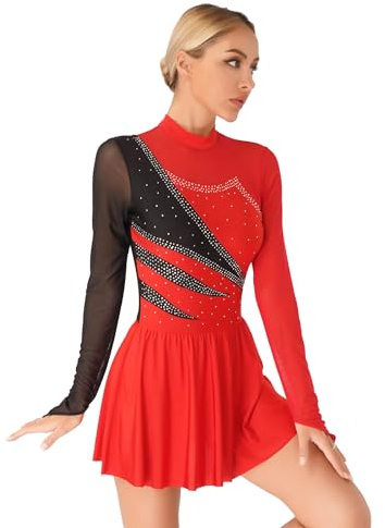 Agoky Damen Eiskunstlauf Kleider Langarm Tanzkleider mit Glitzer Streifen Mesh Spleiß Turnanzug Stehkragen Gymnastikanzug mit Tutu Rock Slip Dancewear