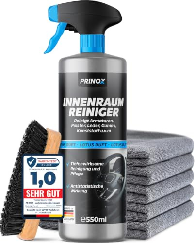 PRINOX Profi Auto Innenraum Reiniger Set 550ml + 5 Mikrofasertücher + Polsterbürste - Cockpitpflege für die Innen Reinigung von Kunststoff, Polster, Leder & Armaturen - Autopflege Innenraumreiniger