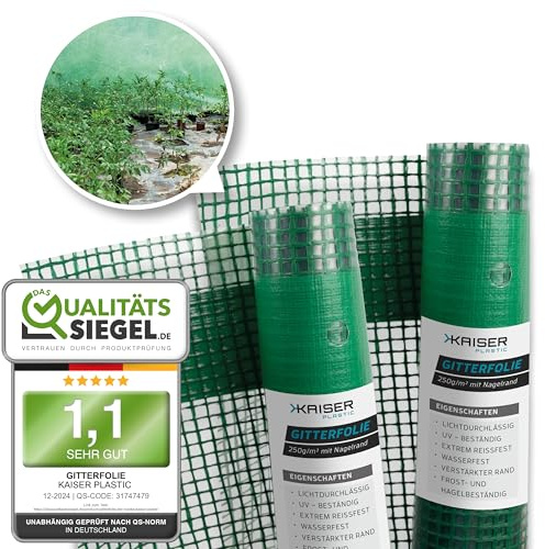 Kaiser plastic® Gitterfolie | Gewächhausfolie, Gartenfolie, Frühbeetfolie | 250g/m² Xtra Strong | 1,5m breit verschiedenen Längen | mit Nadelrand (1,5 x 6m)