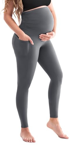 SINOPHANT Legging de Grossesse pour Femme - Taille Haute - avec Poches - Opaque - Doux et élastique - Mode de maternité - pour la Maison, Le Yoga,Gris XL