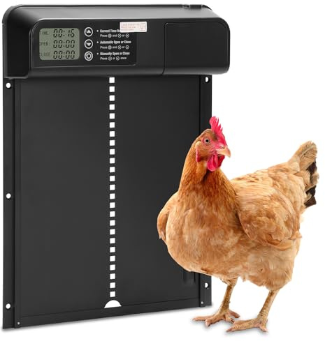 Herrselsam Automatische Hühnerklappe mit Timer/Manuell/Anti-Tamper Modus, elektrische Hühnerklappe automatisch mit Aluminiumlegierung Hühnertür, LED Display, Wasserdichter Türöffner für Hühnerstall