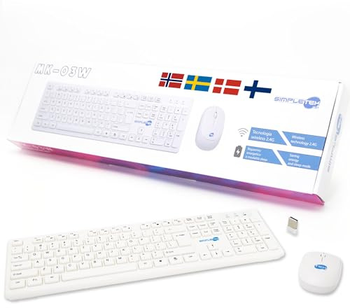 Simpletek - Kit Mouse & Tastiera Wireless 2.4G Layout SWE, NO, DK, FI | Nordic Keyboard QWERTY con Tastierino Numerico Mouse Ergonomico 3 Tasti Ricevitore USB