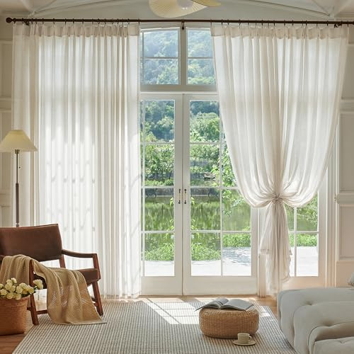 Natural Pinch Pleated Linen Curtains 102 Inches Long 72 Inch Wide for Living Room Sliding Door Light Filtering Semi Sheer Extra Wide Window Curtain Bedroom Pinch Pleat Drapes Cream Ivory, 1 Panel