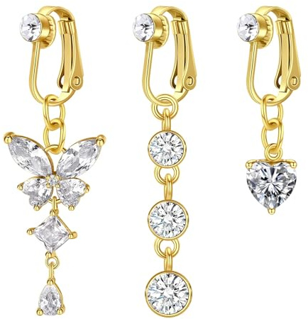 WillTen 3Pcs Fake Bauchnabelpiercing Silber Gold, Chirurgenstahl Bauchnabelpiercing Clip Schmetterling Herz Dangly Fake Bauchnabel Piercing, Clip On Bauchnabelpiercing Fake Belly Piercing für Frauen