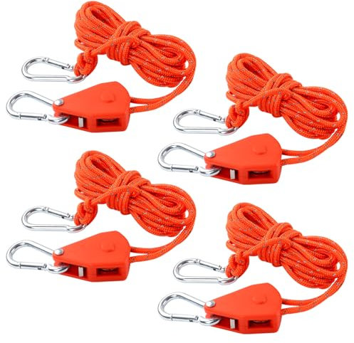 wadafen 4 Stück 4M Reflektierend Abspannseile Seil,4mm Ratchet Hanger Verstellbarer, 1/8 Zoll Duty Heavy Rope Seilratsche,Einstellbare Seil Ratsche,für Aufhängen Zelten,Sonnensegel (Orange)