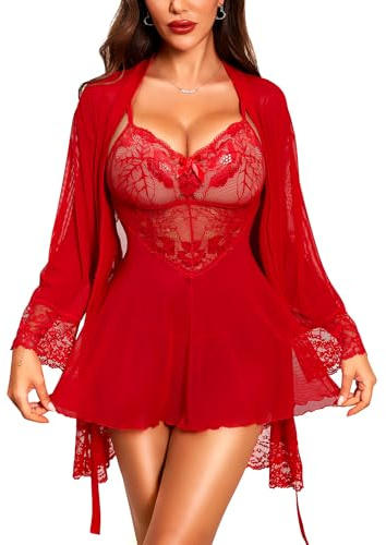 RSLOVE Women's Lace Lingerie Babydoll - Sexy Nightdress Robe Mesh Sleepwear Set Red M