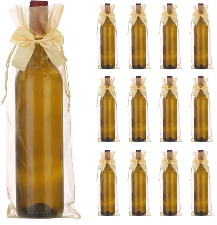 sourcing map Organza-Weinbeutel, 15 x 5,5 cm, durchsichtig, Netzstoff, Geschenkbeutel mit Kordelzug, Schleife, für Hochzeit, Geburtstag und Dusche, Partygeschenk, gold