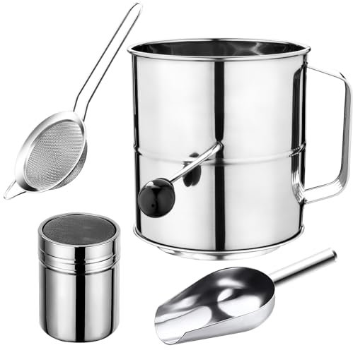 Mehlsieb, 5 Tassen Edelstahl-Mehlsieb, 4-in-1-Backsieb-Set mit Puderzuckerstreuer, Sieb, feines Netz und Metallschaufel zum Backen von Kuchen, Gebäck, Kuchen, Cupcakes, Desserts