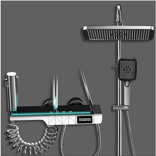 Système de douche thermostatique avec affichage numérique et lumières ambiantes, ensemble combiné de douche mural avec pommeau de douche à effet pluie de 30,5 cm, bec de baignoire, douchette à main,