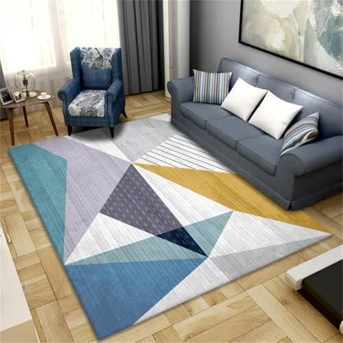 AITROMNI Auslegware Teppichboden Schmutzmatten Eingangsbereich Moderner Stil grau blau gelb geometrisches Design Dreieck Dekoration rutschfest Teppich Reinigung 160X200CM