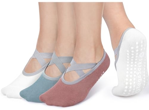 Queenshin 3 Pares Pilates Calcetines Antideslizantes Mujer,Calcetines Deporte, Calcetines Antideslizantes para Mujer y Hombre para yoga, ballet, baile, entrenamiento descalzo, Fitness