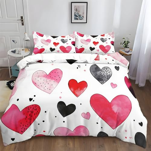 Generico Bedding Set Copripiumino 220x230cm 3D Stampa Acquerello A Forma Di Cuore Morbida Microfibra Ipoallergenico Biancheria da Letto Set 3 Pezzi con Chiusura a Cerniera e 2 federe Cuscino
