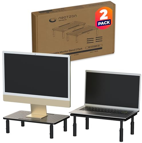 neatzon Monitorständer 2er-Set – Höhenverstellbare Monitorerhöhung (3 Stufen) für Monitore, Laptops & Zubehör, Schreibtisch Organizer mit Kabelmanagement, Werkzeugfreie Montage NZ-STAND-01