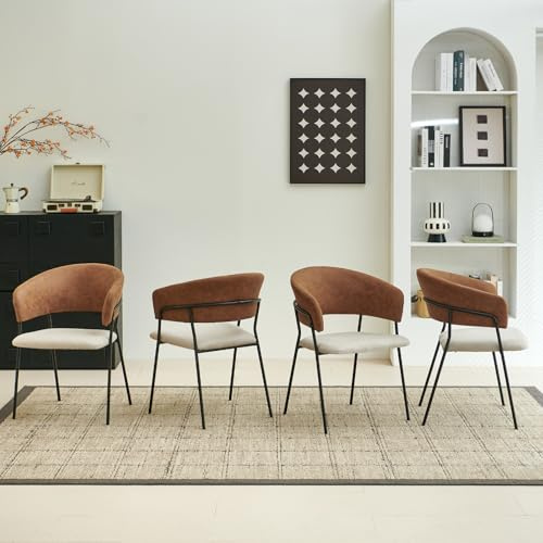 Colorig Modern Dining Chairs Set of 4 Linen-Fabric Upholstered with Leathaire Armrest and Sturdy Metal Frame Legs for Kitchen,Dining Room,Living Room,Coffee lounge Restaurant (4, White Brown)