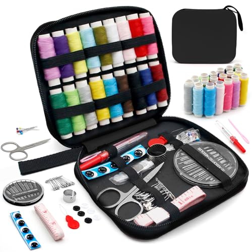 Kit de couture de voyage, équipement de base, comprend du fil à coudre, des aiguilles, des ciseaux, des accessoires de couture, des boutons, etc., kit de couture pour adultes (Nhset-noir-86 pièces)