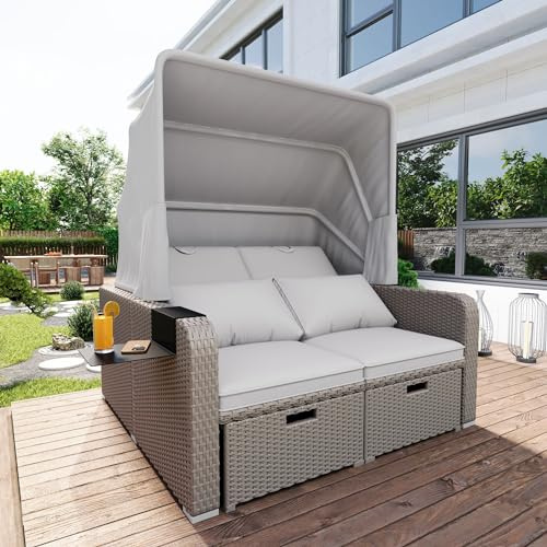 Moimhear Polyrattan Gartenmöbel für 2 Personen, Gartensofa, Loungesofa, Abnehmbare Markise,Polyrattan und Schwamm,Khaki