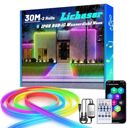 Lichaser RGB+IC Outdoor Flexible Neon LED Strip, IP68 Aussenbereich Bluetooth Neon LED Streifen Sync mit Musik, 24V Wasserdicht LED Lichtband Außen für Partys, Terrasse Beleuchtung (15M*2)
