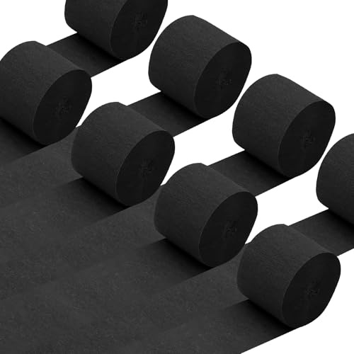 8 Rolls Black Crepe Paper Streamers Black Party Streamers Photo Booth Backdrop for Birthday Wedding Graduation Halloween New Year Holiday Decorations（Total 656ft,1.8Inch x 82Ft/Roll）
