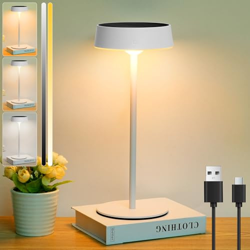 HOTUT Lámpara de Mesa Solar Sin Cable,Lamparas Inalambricas Recargable con Energía Solar y USB-C,3 Modos de Color,Brillo Ajustable,IP65 Resistente al Agua para Uso en Interiores y Exteriores (Blanco)
